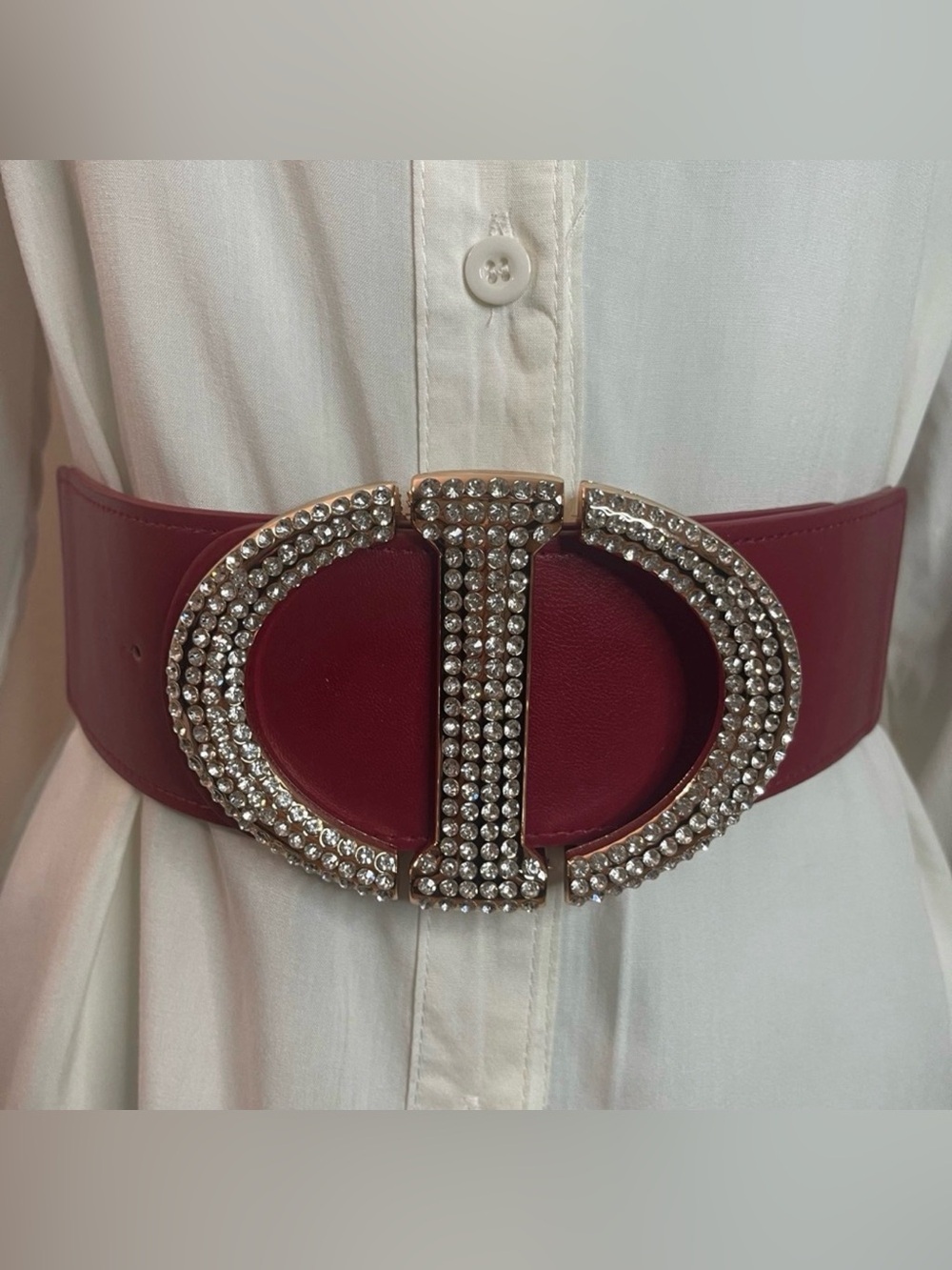 Burgundy PU leather oval buckle with rhinestones accents elastic waistband belt